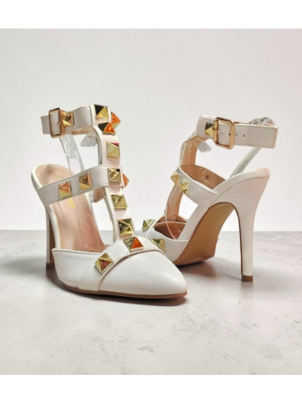 White Studded Pointed-Toe High Heels With Adjustable Buckle Strap & T-Strap Desi - Picture 7 of 15